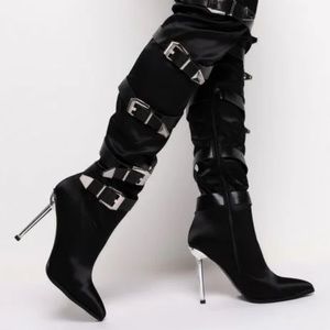 The AZALEA WANG Make It Last Stiletto Boot in Black is a satin thigh high boot